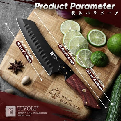 TIVOLI Santoku Knife 7 Inch - Japanese Chef Knife for Fish - Bunka Knives for Meat - Kiritsuke for Vegetables - Black Slicing Knives with Full Tang Handle - Cooking Gifts for Men and Women - size: 7.1"