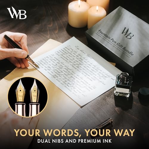 Wordsworth & Black Fountain Pen Set, 18K Gilded Medium and Extra Fine Nib, 25ML Black Bottle, 6 Ink Cartridges, Refill Converter, Smooth Writing Pens [Black Rose Gold], Gift Set for Men and Women - color: Black Rose Gold