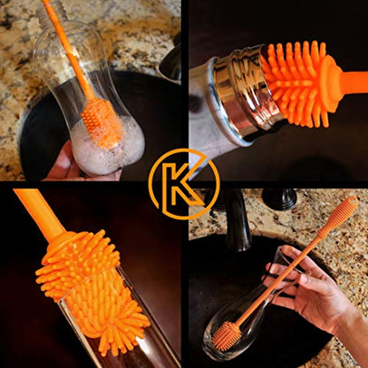 Kitchiny Silicone Bottle Brush with 2 Straw Cleaners - 12.5” Water Bottle Cleaner Brush for Yeti, Hydro Flask, Owala, Stanley, Baby Bottles, Glassware, Vases & Narrow Neck Containers - Orange - color: Orange