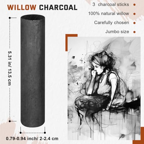 Gueevin 3 Pcs Jumbo Willow Charcoal Sticks 0.79-0.94 Inch Large Soft Willow Charcoal Chunky Drawing for Sketching Artist Supplies, Black