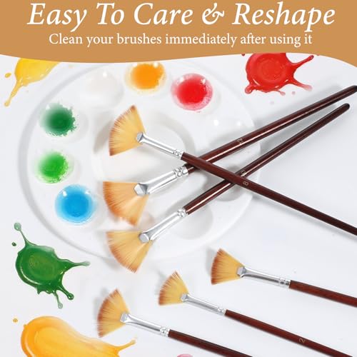 COMNICO 42 Pcs Fan Paint Brushes, Professional Artist Painting Brush Set Soft Nylon Hair Brush Long Wooden Handle for Artists Acrylic Watercolor Oil Painting