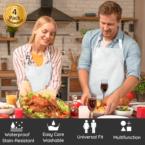 4 Packs Chef Apron, Waterproof Apron, Adjustable Aprons with 2 Pockets for Men Women, Professional Aprons for Kitchen Cooking Gardening Painting Baking Restaurant (White) - color: White