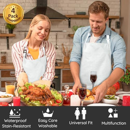 4 Packs Chef Apron, Waterproof Apron, Adjustable Aprons with 2 Pockets for Men Women, Professional Aprons for Kitchen Cooking Gardening Painting Baking Restaurant (White) - color: White