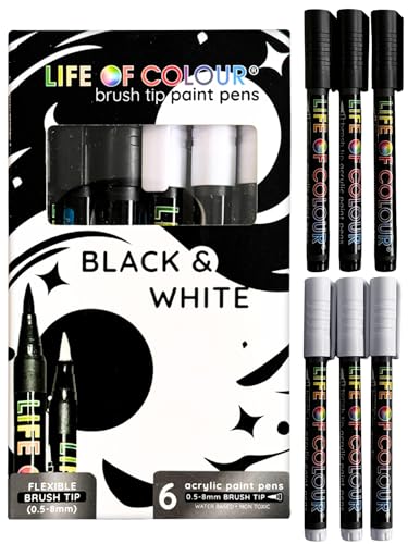 Life of Colour Black & White Brush Tip Acrylic Paint Pens | Permanent Black & White Acrylic Paint Pens for Detailing, Lettering, Ceramics, Canvas, Rocks & Creative Crafts. - style: Black and White Brush Tips