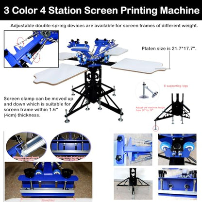 HayWHNKN 3 Color 4 Station Silk Screen Printing Kit Machine Press Printer for T-Shirt Circuit Board with Flash Dryer UV Exposure Unit