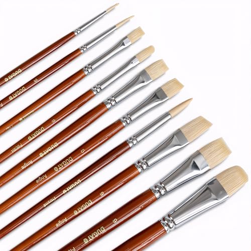 DUGATO Short Handle Artist Paint Brush Set, 10-Piece Hog Hair Bristle | Strong Paint Pickup for Acrylic & Oil Painting, Comfortable Wood Handle, Kids & Adults - color: Brown