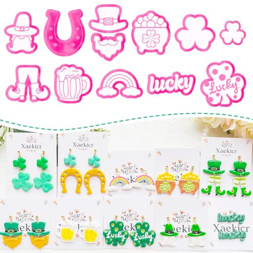 St. Patrick's Day Polymer Clay Cutters Set - 12pcs Lucky Shamrock Leprechaun Shapes for DIY Earring Jewelry Making, Soft Clay Crafts & Holiday Supplies - color: 2R color