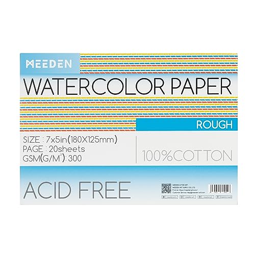 MEEDEN Watercolor Paper Block, 100% Cotton Watercolor Paper Pad of 20 Sheets, 140lb/300gsm, Acid-Free Art Paper for Watercolor, Gouache, Ink and More, 5" x 7" Rough Grain - color: Rough Grain, size: 5×7"