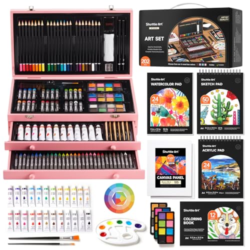 Shuttle Art Deluxe Gift Art Kit, 202-Piece Wooden Art Supplies Set with 4 Drawing Pads, Canvases, Coloring Sheets, Acrylic Paint, Crayons, Oil Pastels, Colored Pencils for Kids - color: Pink, size: 202 Piece Set