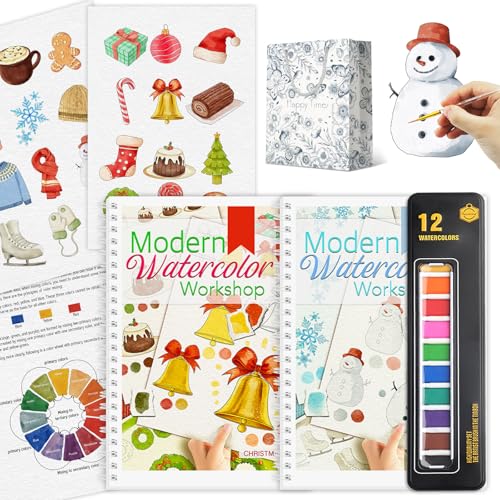 2Pcs Watercolor Workbook Beginner-Friendly Water Coloring Book with 12 Colors Paint Color with Paint Brush, Watercolor Paper, Beginner Watercolor Painting Kit Watercolor Paper - Valentine's Day Gift - style: Christmas & Winter