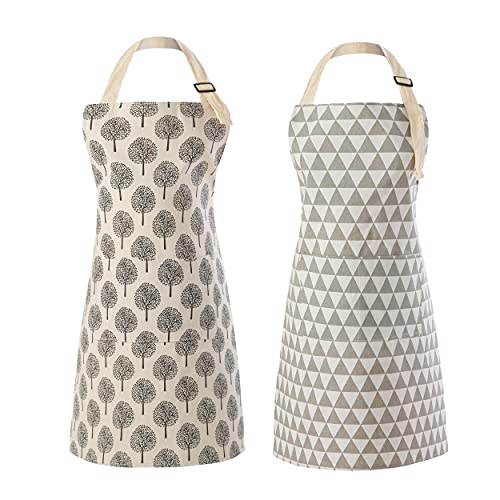 Tosewever 2 Pieces Cotton Linen Waterproof Bib Apron with 2 Pockets - Long Ties Adjustable Neck Strap - Unisex Cooking Kitchen Decorative Pattern Aprons for Women Chef (Triangle/Tree, 2) - color: Triangle/Tree