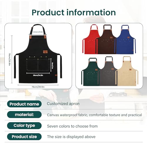 Personalized Waterproof Canvas Apron Custom Logo - Heavy Duty Cross Back 4 Pockets for Men Women Chef Barista - color: Green