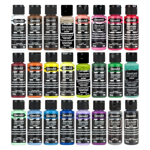DecoArt Americana Multi-Surface Satin Acrylic Paint Set – 24 Popular Colors (2 fl oz) – Multi Surface Acrylic Paints for Wood, Glass, Metal, and more