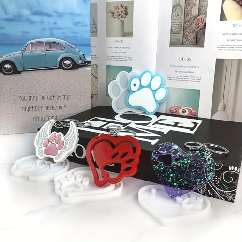 Pet Paw Keychain Resin Molds, 4-Piece Set with Heart and Angel Wing Designs, Silicone Molds for DIY Keychains, Epoxy Resin Silicone Molds