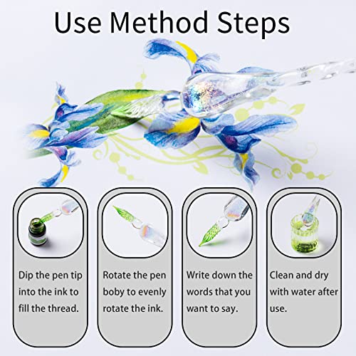 ESSSHOP Glass Dip Pen Calligraphy Fountain Pen Set - 12 Colors Ink Glass Washing Cup Pen Holder Handmade Rainbow Crystal Glass Ink Pen for Art Writing Drawing Signatures Christmas Gifts