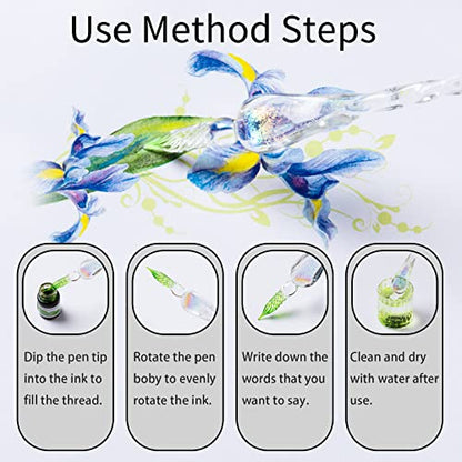 ESSSHOP Glass Dip Pen Calligraphy Fountain Pen Set - 12 Colors Ink Glass Washing Cup Pen Holder Handmade Rainbow Crystal Glass Ink Pen for Art Writing Drawing Signatures Christmas Gifts