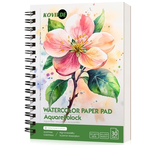 KOVIEDE 100% Cotton Watercolor Paper Pad 30 Sheets, Cold Press 140lb/300gsm Spiral Bound Watercolor Sketchbook, Artist Quality Art Journal Supplies (Floral-Green, 5.5“x8.5) - color: Floral-Green, size: 5.5“x8.5"