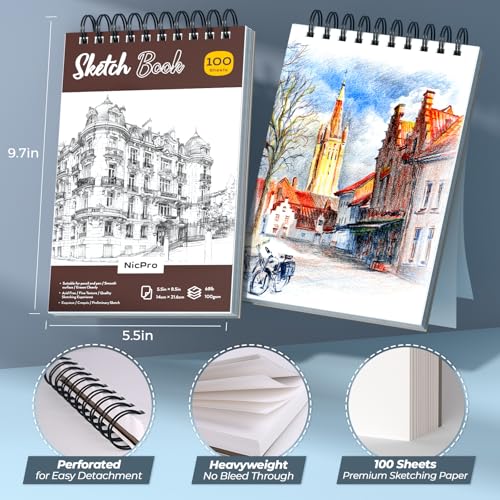 Nicpro 58 PCS Art Drawing Supplies Kit in Leather Case, Art Mechanical Pencil Set with 6 Metal Drafting Pencil 0.5 & 0.7 & 0.9 & 2mm, 12 Micron Pen, Sketch Book, 30 Tube Lead Refills for Sketching