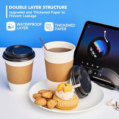 RACETOP 12 oz 100 Pack Disposable Paper Coffee Cups with Lids, Sleeves and Stirrers, Hot Cups, Paper Cups with Lids, Sleeves and Stirrers, Ideal for Home/Office - size: 12 oz