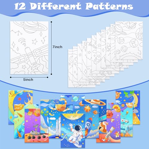 12 Packs Pre Drawn Canvas to Paint, Space Party Favors Pre Printed Canvas, Pre Stretched Canvas Outline Painting Boards for Beginners, Party Favor (5" X 7") - style: Space