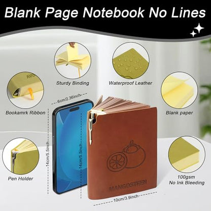 Thick Blank Journal Notebook 400 Pages With Pen Holder ，100gsm Thick Color Paper Fruit A6 Unlined Plain Sketchbook ，No Lines Notebook Soft Leather Unlined Pocket Blank Notebook For Women Drawing Book Memo Writing Sketch Diary 3.9 × 5.5(Mangosteen-Brown) -