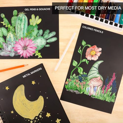 50 Sheets Black Paper Sketchbook, 108 lb/160gsm Heavyweight Black Sketch Pad 9×12in, Acid-Free Drawing Paper, Spiral Bound Sketch Book for Kids, Teens, Artist - size: 9×12 Inch (1 Pack )