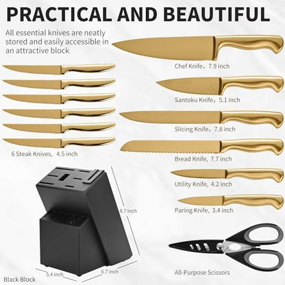 15-Piece Gold Kitchen Knife Block Set with Sharpener, Stainless Steel Knives Set for Kitchen, Chef Gold Kitchen Knife Sets with Scissors, Steak Knives - color: Gold