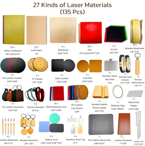 Mroy mio 135 PCS Laser Engraving Material Kit, 27 Kinds Laser Engraver Blanks for Laser Crafting, Includes Wood, Acrylic, Fabric, Rock, PU Leather, Diatom Mud Materials