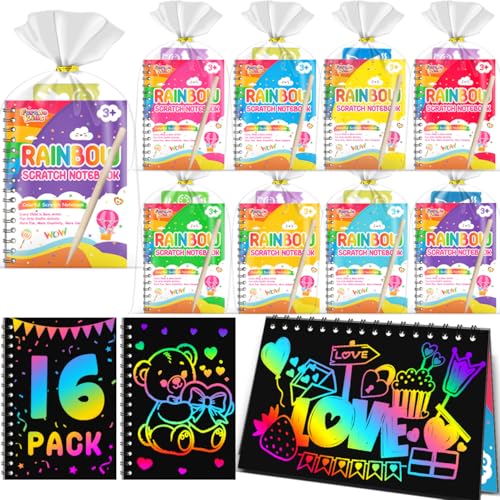 Scratch Paper Art Party Favors for Kids: 16 Pack Rainbow Scratch Notebook, Goodie Bags Stuffers Coloring Books Party Favors for Kids 3-12, Bulk Classroom Birthday Gifts for Student - style: 16 Pack