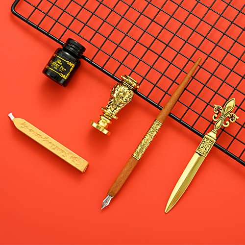 Joyeee Calligraphy Set for Beginners Adults, Inclued Antique Sealing Wax Kit, Wooden Comic Dip Pen, 17 Dip Pen Nibs for Writing, 2 in 1Pen Stand Base and Wax Stamp for Sealing Letter, Brown - color: #112 Brown