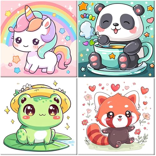 MAXBYE 4 Pack Paint by Number Kits with Pre Drawn Canvas Boards, Cute Animals Color by Number Kits for Kids Ages 8-12，DIY Acrylic Oil Painting for Children Beginner Home Wall Decor 8x8 in - color: BK4ZH051