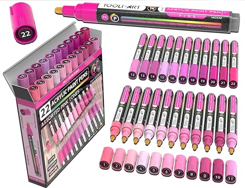 TOOLI-ART 22 Acrylic Paint Markers Paint Pens Pro Color Series Set 3mm Medium Tip for Rock Painting, Glass, Mugs, Wood, Metal, Glass Paint, Canvas, DIY. Non Toxic, Waterbased, Quick Drying (PINK) - color: PINK