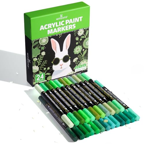 WINSONS 24 Colors Acrylic Paint Markers Set – Vibrant Permanent Paint Pens with Brush & Fine Tip, Water-Based Quick Dry for Rock Painting, Canvas, Wood, Glass, Fabric, DIY Art Supplies (Green Tone) - style: Green Tone