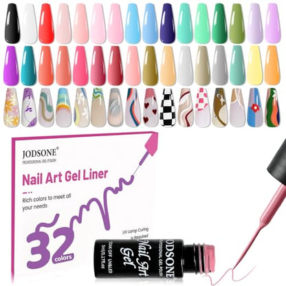 JODSONE Gel Polish Nail Art Gel Liner Set 32 Colors Orange Grey Pink Green Blue White Black Need U V Lamp Cured with Thin Brush,Nail Art Gifts for Women - color: LB01-LB32