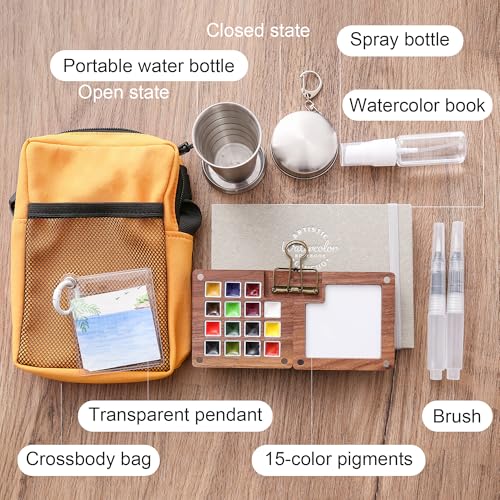 15-Color Mini Travel Watercolor Set for Adults, Beginners & Artists - All-in-One Kit with Bag, Sketchbook, Metal Clip, Collapsible Cup, Spray Bottle & 2 Watercolor Pens