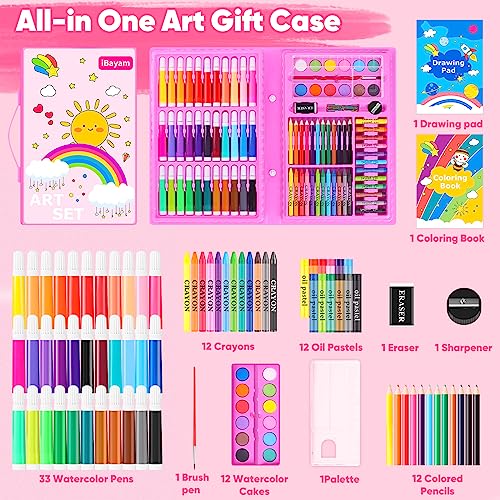 iBayam Art Supplies, 149-Pack Drawing Kit Painting Art Set Art Kits Gifts Box, Arts and Crafts for Kids Girls Boys, with Coloring Book, Crayons, Pastels, Pencils, Watercolor Pens & Cakes (Pink) - color: Pink