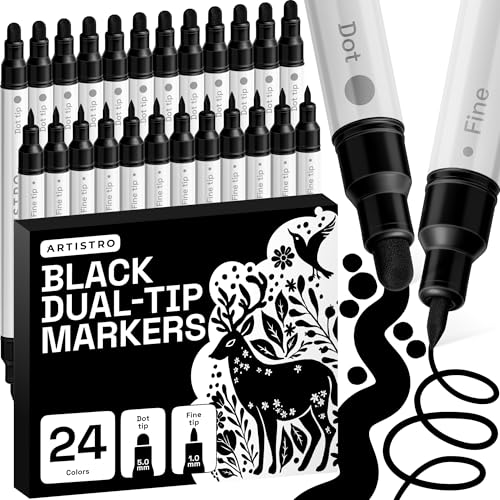 ARTISTRO 24 Black Dual-Tip Acrylic Paint Markers – Paint Pens Set with Dot & Fine Tips for Fabric, Rock, Glass, Wood, Coloring Books – Arts & Crafts Gift – Classroom Must Haves & School Supplies - style: Black