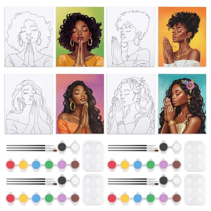 VOCHIC Sip and Paint Kit for Adults,Pre Drawn Canvas 4 Pack Painting Kit Party Girls Night Games Couples Paint Art Set Pray Girl 8x10 in - size: 8x10, style: style 10