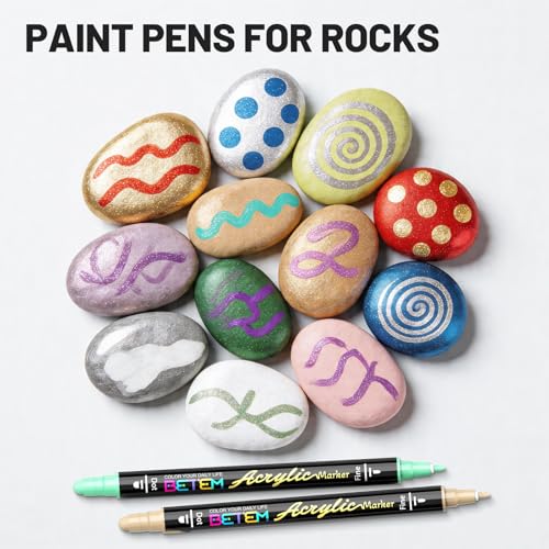 Betem 30 Metallic Dual Tip Acrylic Paint Markers, Fabric Decorating Kits Premium Water-Based Acrylic Paint Pens Art Supplies for Fabric, Rock, Wood, Glass, Canvas, Ceramic, Teacher Appreciation Gift