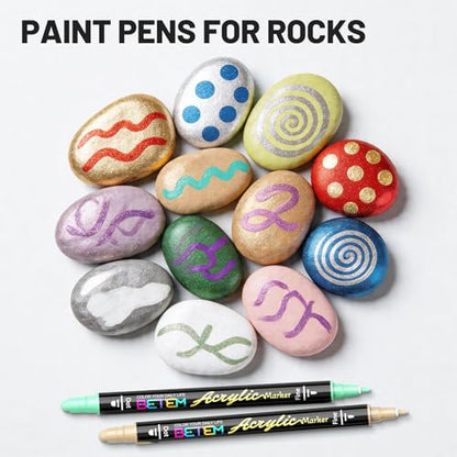 Betem 30 Metallic Dual Tip Acrylic Paint Markers, Fabric Decorating Kits Premium Water-Based Acrylic Paint Pens Art Supplies for Fabric, Rock, Wood, Glass, Canvas, Ceramic, Teacher Appreciation Gift