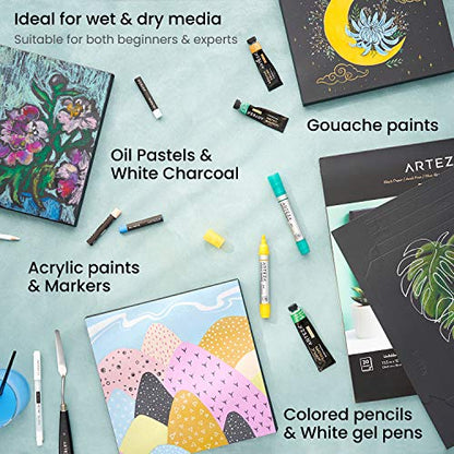 ARTEZA Mixed Media Paper Foldable Canvas Pad, 9.5x9.5 Inches, 20 Sheets, Black Paper