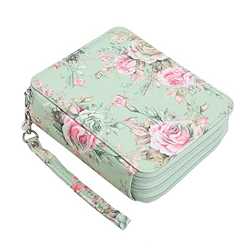 Rose Colored Pencil Organizer - 72 Slot Case with Zipper for Watercolor Pens, Markers and More - color: Green Rose