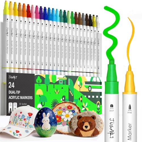 JusArt 24 Colors Acrylic Paint Markers, Dual Tip Coloring Markers with Dot and Fine Tip for Rock, Fabric, Wood, Glass, Ceramic, Canvas, Vibrant Art Supplies and DIY Crafts Art Supplies - color: White Barrel- 24 Colors