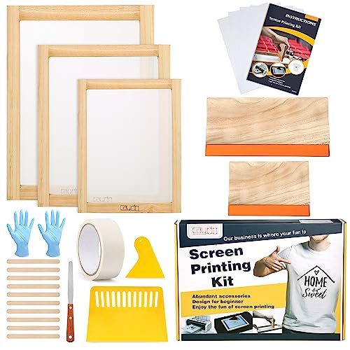 Caydo 23 Pieces Screen Printing Starter kit Include 3 Different Size of Wood Silk Screen Printing Frame with Mesh, Screen Printing Squeegees, Inkjet Transparency Film, Ink Knife, and Mask Tape - style: 23pcs