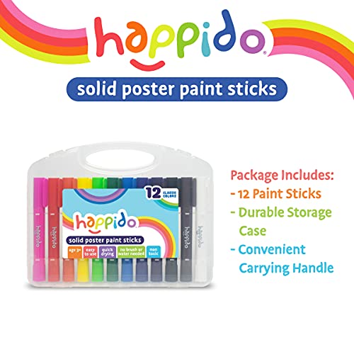 Happido Solid Poster Paint Sticks, Set of 12 - Non-Toxic, Mess-Free, and Quick Drying Variety Pack, Includes Bright, Vibrant, Classic Colors, Easy to Use, No Brush Needed