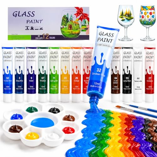 Magicdo Professional Acrylic Glass Paint Stained Transparent Glass Window Paint Set Great for Glass Painting Wine Glasses Light Bulbs Ceramic Non-Toxic Waterproof Acrylic Enamel Paint Kit for Christmas Art Decor(12 Colors / 5.04 Oz)