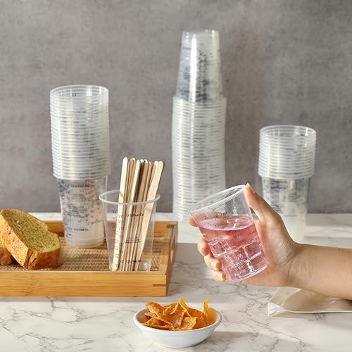 80pcs Paint Mixing Cups, DV 8oz Graduated Clear Plastic Measuring Cups with 80pcs Wooden Stirring Sticks for Mixing Paint, Pigments, Epoxy Resins, Resins