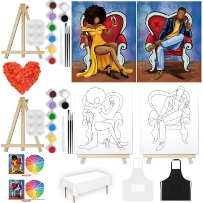 VALLSIP 2 Pack Paint and Sip Canvas Painting Kit Pre Drawn Canvas for Painting for Adults Stretched Canvas Couples Games Date Night Afro Elegant Gentleman Lady Couple Paint Party Supplies Favor - style: Painting Kit Plus