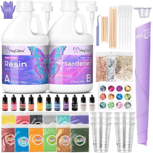 HeyClear 1 Gallon Epoxy Resin Kit Crystal Clear, Hard 2 Part Epoxy and Hardener for Casting Coating, Countertop, Table Top, Jewelry Making, DIY Crafts Art for Adults Resina Epoxica para Manualidades - size: 1 Gallon Kit