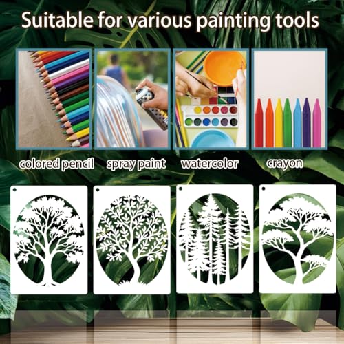 6 Sheets Tree Stencils for Painting, 9 Styles Reusable Natural Plants Drawing Template Reusable Art Templates for Painting on Canvas Wood Wall Home Decor - style: Trees